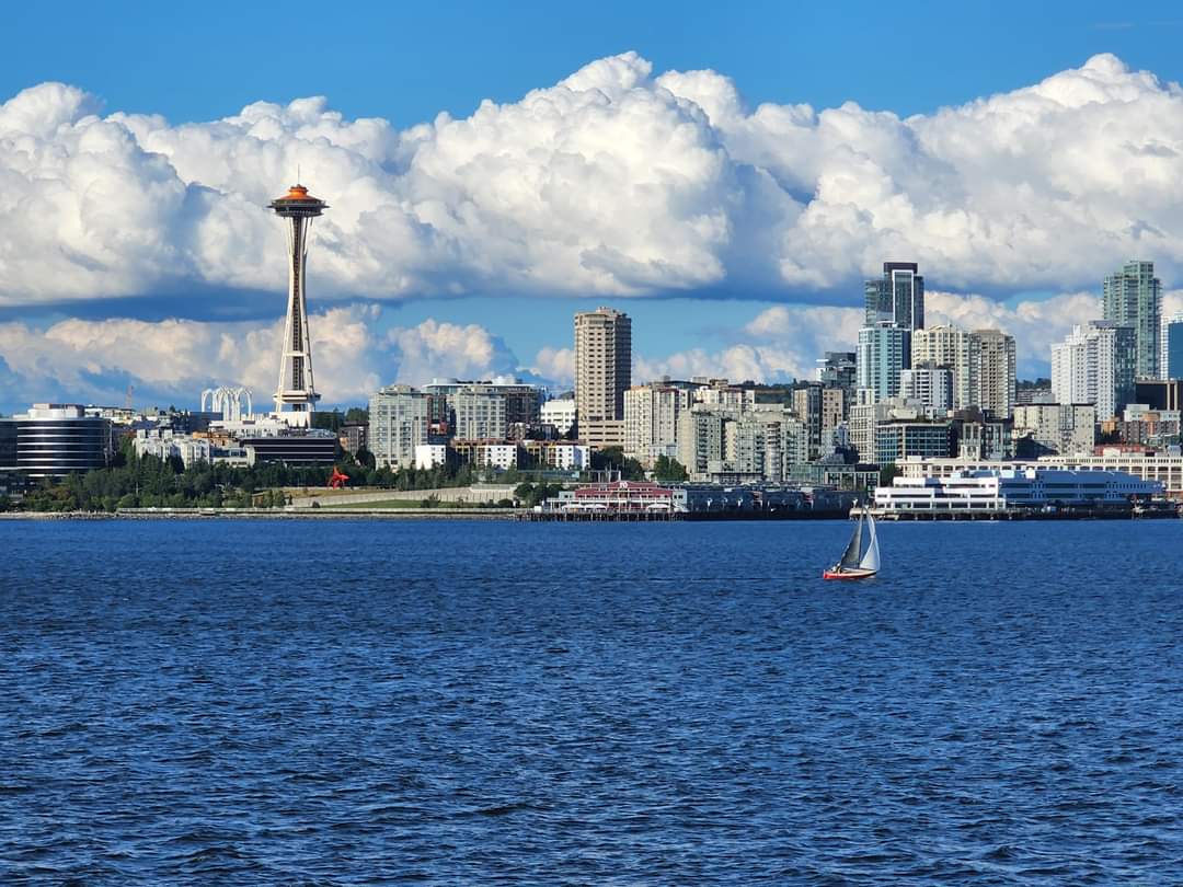 Seattle Space Needle waterfront with sailboat