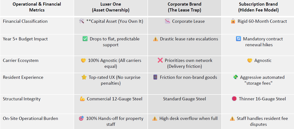 When choosing a locker infrastructure for your community, the lowest upfront bid often conceals long-term structural costs. Here is how the three industry approaches compare over a standard operational lifecycle.